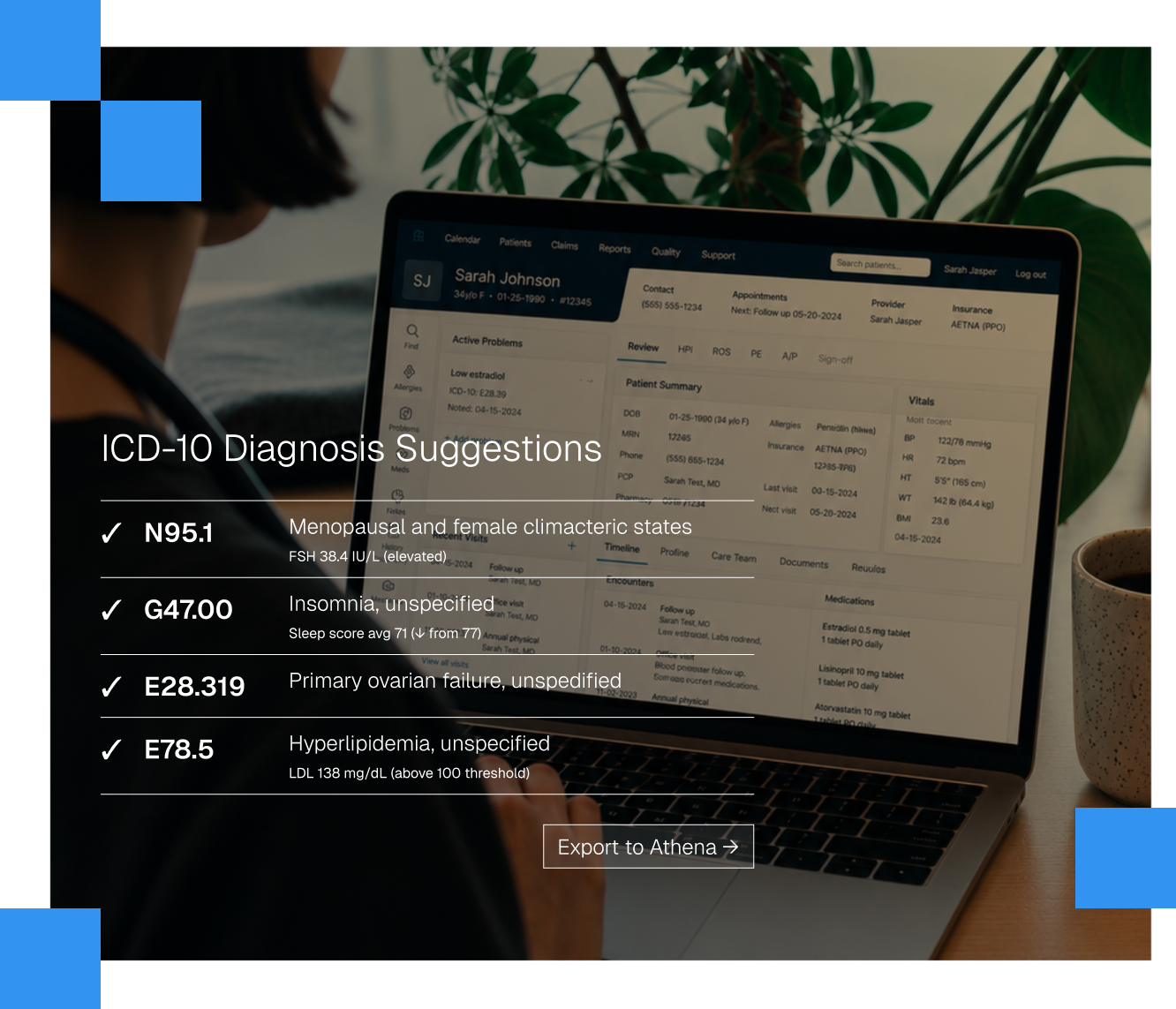 Sample diagnosis suggestions dashboard — UI mock showing ICD-10 algorithm output, confidence scores, and Athena export action