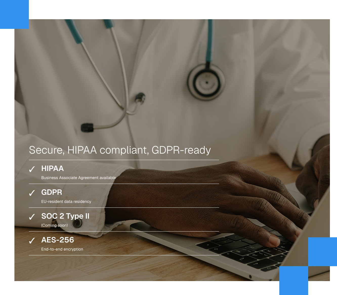 Privacy and security overview — UI mock showing HIPAA, GDPR, SOC 2, and AES-256 compliance with the encryption flow from device to clinic